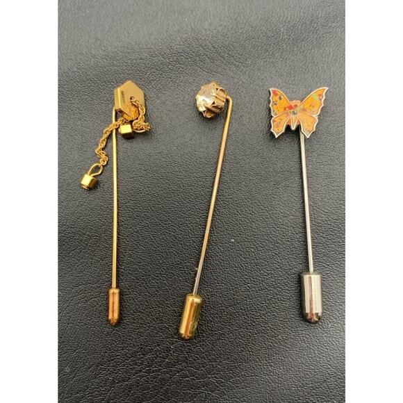 Vintage Lot Of 3 Stick Pins Lapel Butterfly Dangle And Rhinestone - Picture 2 of 5